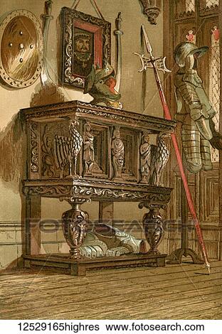 Stock Photograph - An Elizabethan sideboard or court cupboard. From Old England: A Pictorial Museum, published 1847.. Fotosearch