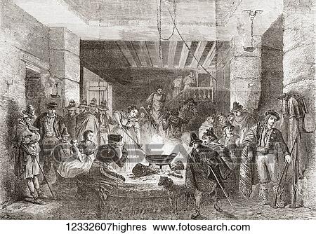 Stock Photograph - An inn or hostal in Sierra Nevada, Granada, Andalusia, Spain in the 19th century. From Album-Evenement, Prime du Journal L'Evenement, published 1865.. Fotosearch
