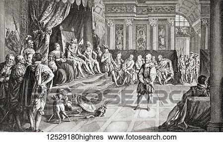 Stock Photograph - An interview between Ludwig Pfyffer and Charles IX, 1567. Seen here Pfyffer is persuading Charles to trust himself to the Swiss guards, he later won fame by safely leading the royal family of Charles IX from Meaux to Paris while under Huguenot attack.... Fotosearch