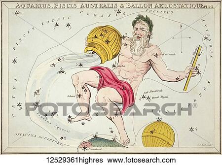 Stock Photograph - Aquarius, Piscis Australis & Ballon Aerostatique. Card Number 26 from Urania's Mirror, or A View of the Heavens, one of a set of 32 astronomical star chart cards engraved by Sidney Hall and publshed 1824.. Fotosearch