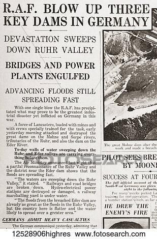 Article from The Daily Telegraph of May 18, 1943 reporting on Operation Chastise, an attack on German dams carried out on 1617 May 1943 by Royal Air Force No. 617 Squadron, subsequently known as the Dam Busters, using a purpose-built bouncing bomb.... View Large Photo Image Stock Photograph - Article from The Daily Telegraph of May 18, 1943 reporting on Operation Chastise, an attack on German dams carried out on 1617 May 1943 by Royal Air Force No. 617 Squadron, subsequently known as the Dam Busters, using a purpose-built bouncing bomb..... Fotosearch
