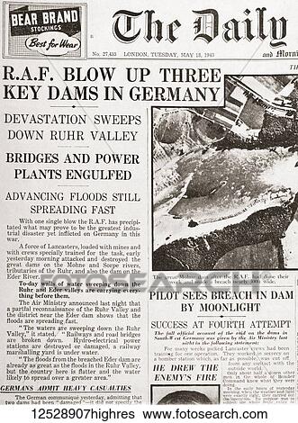 Stock Photograph - Article from The Daily Telegraph of May 18, 1943 reporting on Operation Chastise, an attack on German dams carried out on 1617 May 1943 by Royal Air Force No. 617 Squadron, subsequently known as the Dam Busters, using a purpose-built bouncing bomb..... Fotosearch