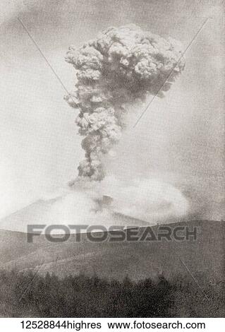 Stock Photograph - Asama-Yama in eruption. Mount Asama is an active complex volcano in central Honsh?, the main island of Japan. From The Wonders of the World, published c. 1920.. Fotosearch