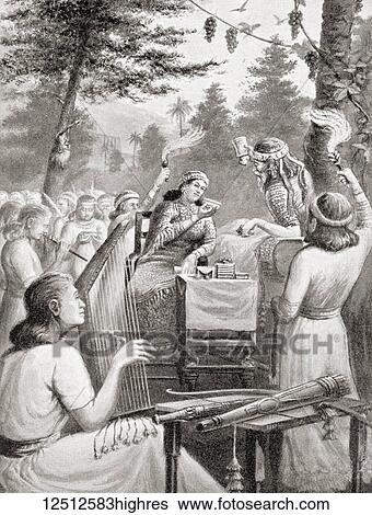 Stock Photograph - Ashurbanipal feasting with his queen Libb? li-arrat. Ashurbanipal, 668 c. 627 BC, also spelled Assurbanipal or Ashshurbanipal. Assyrian king. From Hutchinson's History of the Nations, published 1915.. Fotosearch