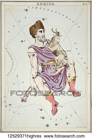 Stock Photograph - Auriga. Card Number 7 from Urania's Mirror, or A View of the Heavens, one of a set of 32 astronomical star chart cards engraved by Sidney Hall and publshed 1824.. Fotosearch