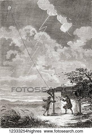 Stock Photograph - Benjamin Franklin (1706-1790) and his son William, performing their famous experiment on 15 June 1752, flying a kite in a thunderstorm. A metal wire on the kite attracted a lightning strike and electricity flowed down the string to a key, charging a.... Fotosearch