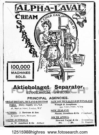 Stock Photograph - Black and white historical advertisement for a cream separator from Stockholm, Sweden. Fotosearch