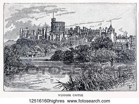 Stock Photograph - Black and white illustration of Windsor Castle and water in the foreground; Windsor, Berkshire, England. Fotosearch