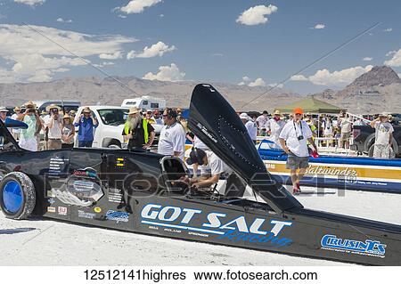 Stock Photograph - Blown Fuel Lakester Class AA/BFL of Got Salt Racing on Start Line at Bonneville Salt Flats during Bonneville Speed Week 2017 about to try to break class record on 337. 043 mph; Wendover, Utah, United States of America. Fotosearch
