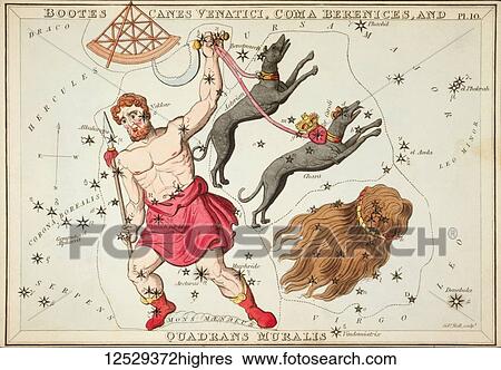 Stock Photograph - Bootes Canes Venatici, Coma Berenices and Quadrans Muralis. Card Number 10 from Urania's Mirror, or A View of the Heavens, one of a set of 32 astronomical star chart cards engraved by Sidney Hall and publshed 1824.. Fotosearch