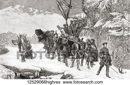 Stock Photograph - Bringing home the body of Charles XII after his death during The Siege of Fredriksten in 1718. Charles XII, also Carl, 1682 1718. King of Sweden. From Ward and Lock's Illustrated History of the World, published c. 1882.. Fotosearch