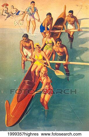 C. 1935 Tourist Advertising: Tourist Women In Canoe With Local Men Pushing Off B1427 View Large Photo Image Stock Photograph - C. 1935 Tourist Advertising: Tourist Women In Canoe With Local Men Pushing Off B1427. Fotosearch