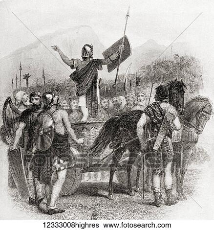 Stock Photograph - Calgacus addressing his army before the Battle of Mons Grampius, c. A. D. 84. Calgacus, aka Calgacos or Galgacus. Chieftain of the Caledonian Confederacy. From Hutchinson's History of the Nations, published 1915.. Fotosearch