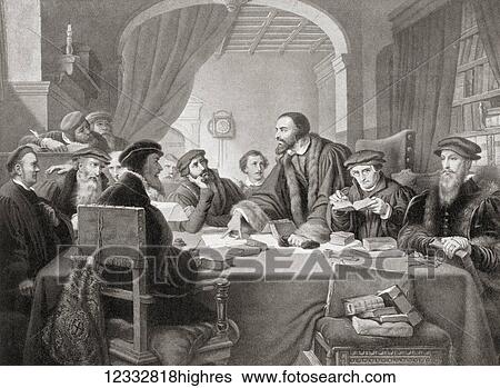 Stock Photograph - Calvin at a council in Geneva in 1594. John Calvin, 1509 1564. Influential French theologian, pastor and reformer during the Protestant Reformation. From Hutchinson's History of the Nations, published 1915.. Fotosearch