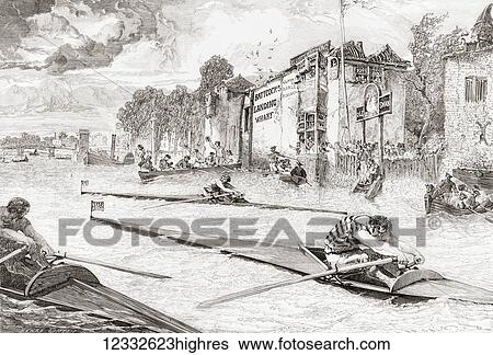 Stock Photograph - Canoe racing on the River Thames, England in the 19th century. From Album-Evenement, Prime du Journal L'Evenement, published 1865.. Fotosearch
