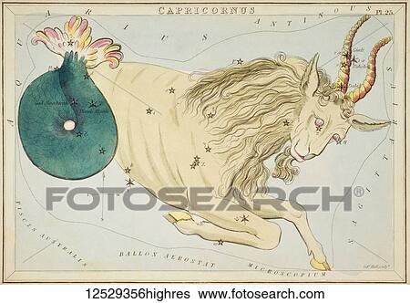 Stock Photograph - Capricornus. Capricorn. Card Number 25 from Urania's Mirror, or A View of the Heavens, one of a set of 32 astronomical star chart cards engraved by Sidney Hall and publshed 1824.. Fotosearch