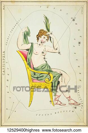 Stock Photograph - Cassiopeia. Card Number 3 from Urania's Mirror, or A View of the Heavens, one of a set of 32 astronomical star chart cards engraved by Sidney Hall and publshed 1824.. Fotosearch