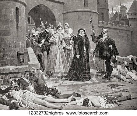 Stock Photograph - Catherine de' Medici sees victims of the The St. Bartholomew's Day massacre in 1572. A targeted group of assassinations and a wave of Catholic mob violence directed against the Huguenots during the French Wars of Religion believed to have been.... Fotosearch