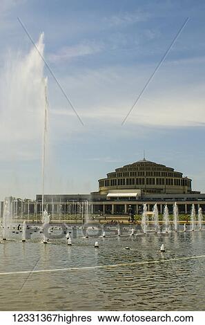 Stock Photograph - Centennial Hall With Multimedia Fountain; Wroclaw, Lower Silesia, Poland. Fotosearch