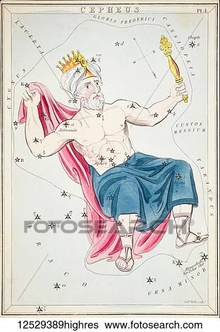 Stock Photograph - Cepheus. Card Number 4 from Urania's Mirror, or A View of the Heavens, one of a set of 32 astronomical star chart cards engraved by Sidney Hall and publshed 1824.. Fotosearch