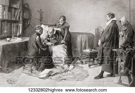 Stock Photograph - Cervantes during his last illness completing his romance Persiles and Sigismundo. Miguel de Cervantes Saavedra, 1547 - 1616. Spanish writer, novelist, poet and playwright. From Hutchinson's History of the Nations, published 1915.. Fotosearch
