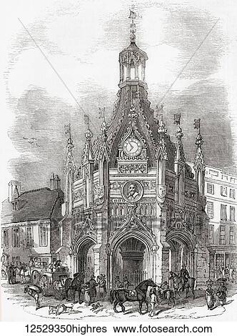 Stock Photograph - Chichester Market Cross, Chichester, England, seen here in the early 19th century. Built in the 15th century so that the poor people had somewhere to sell their wares, and as a meeting point. From Old England: A Pictorial Museum, published 1847.. Fotosearch