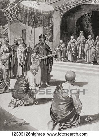 Stock Photograph - Chu Yuang Chang is admitted as a novice monk at the Huangjue Temple, a local Buddhist monastery, he later became emperor. The Hongwu Emperor, 1328 1398, personal name Zhu Yuanzhang or Chu Yuan-Chang. Founder and first emperor of China's Ming.... Fotosearch