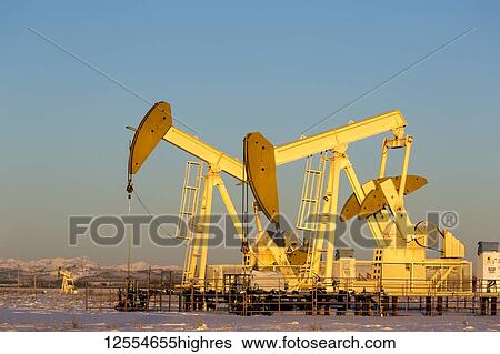 Stock Photograph - Close-up of pumpjacks with the warm light at sunrise, snow-covered mountains and blue sky in the background, West of Airdrie; Alberta, Canada. Fotosearch