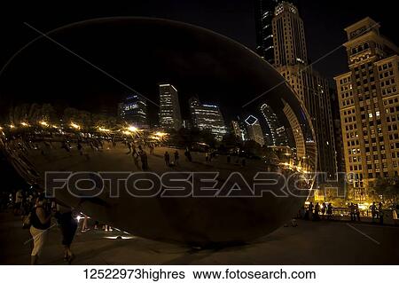 Stock Photograph - Cloud Gate, also k0wn as 'the Bean', in Millennium Park at night, AT&T Plaza; Chicago, Illi0is, United States of America. Fotosearch