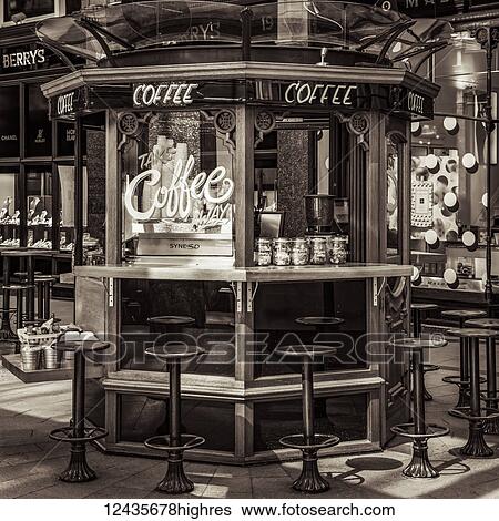 Stock Photograph - Coffee stall in a shopping mall; Leeds, West Yorkshire, England. Fotosearch