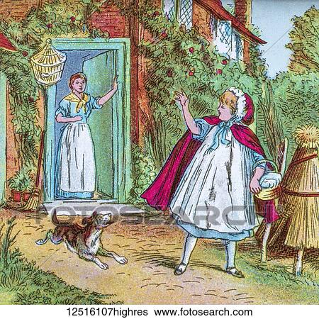 Stock Photograph - Coloured illustration in a child's storybook, the fairy tale Little Red Riding Hood, with the mother standing at the door saying goodbye to Little Red Riding Hood. Fotosearch