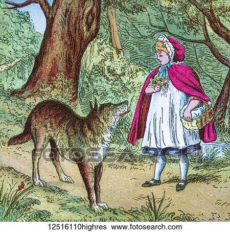 Stock Photograph - Coloured illustration in a child's storybook, Little Red Riding Hood, of the girl and big bad wolf, where the big bad wolf meets Little Red Riding Hood on the path. Fotosearch