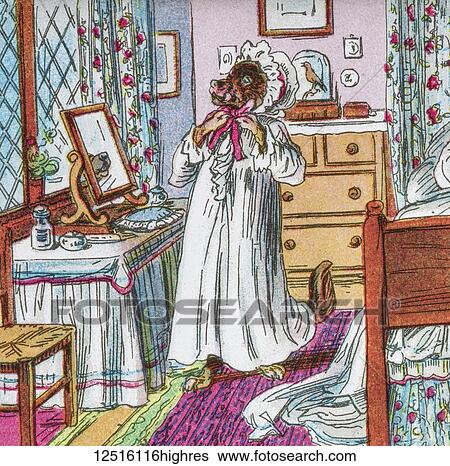 Coloured illustration in a child's storybook, Little Red Riding Hood, with the big bad wolf in Grandmother's house getting dressed in her nightgown View Large Photo Image Stock Photograph - Coloured illustration in a child's storybook, Little Red Riding Hood, with the big bad wolf in Grandmother's house getting dressed in her nightgown. Fotosearch