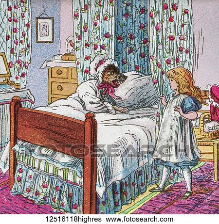 Coloured illustration in a child's storybook, Little Red Riding Hood, with the big bad wolf in Grandmother's bed View Large Photo Image Stock Photograph - Coloured illustration in a child's storybook, Little Red Riding Hood, with the big bad wolf in Grandmother's bed. Fotosearch