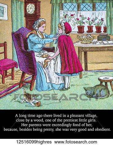 Stock Photograph - Coloured page of an illustration and storyline in a child's storybook, Little Red Riding Hood. Fotosearch