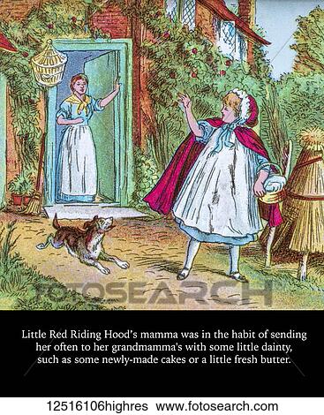 Stock Photograph - Coloured page of an illustration and storyline in a child's storybook, the fairy tale Little Red Riding Hood, with the mother standing at the door saying goodbye to Little Red Riding Hood. Fotosearch