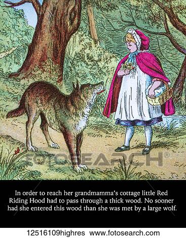 Stock Photograph - Coloured page of an illustration and storyline in a child's storybook, Little Red Riding Hood, where the Big Bad Wolf meets Little Red Riding Hood on the path. Fotosearch