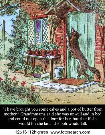 Stock Photograph - Coloured page of an illustration and storyline in a child's storybook, Little Red Riding Hood, with the big bad wolf at the door of Grandmother's house. Fotosearch