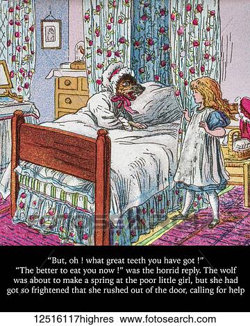 Stock Photograph - Coloured page of an illustration and storyline to a child's storybook, Little Red Riding Hood, with the big bad wolf in Grandmother's bed. Fotosearch