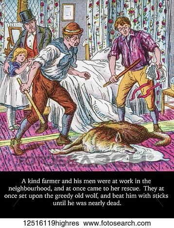 Coloured page of an illustration and storyline in a child's storybook, Little Red Riding Hood, with the farmer and his men beating the big bad wolf in Grandmother's bedroom View Large Photo Image Stock Photograph - Coloured page of an illustration and storyline in a child's storybook, Little Red Riding Hood, with the farmer and his men beating the big bad wolf in Grandmother's bedroom. Fotosearch