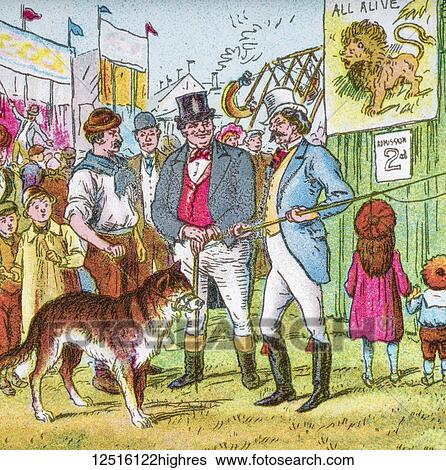 Stock Photograph - Coloured page of an illustration and storyline to a child's storybook, Little Red Riding Hood, with the big bad wolf being sold by the farmer to a proprietor. Fotosearch