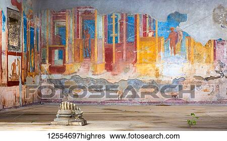 Stock Photograph - Colourful artwork in peeling layers on walls; Pompeii, Italy. Fotosearch
