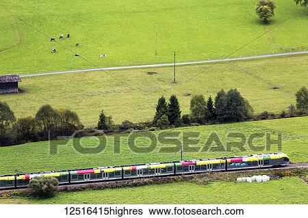 Colourful electric diesel train along pastures; Sesto, Bolzano, Italy View Large Photo Image Stock Photograph - Colourful electric diesel train along pastures; Sesto, Bolzano, Italy. Fotosearch