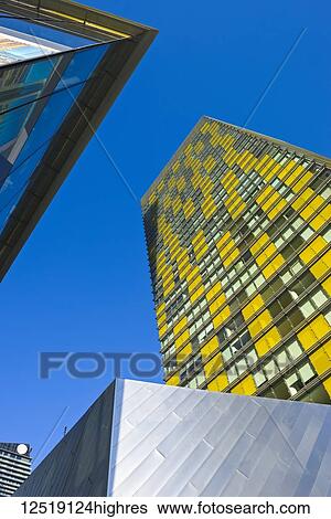 Stock Photograph - Colourful facade of a skyscraper against a blue sky; Las Vegas, Nevada, United States of America. Fotosearch