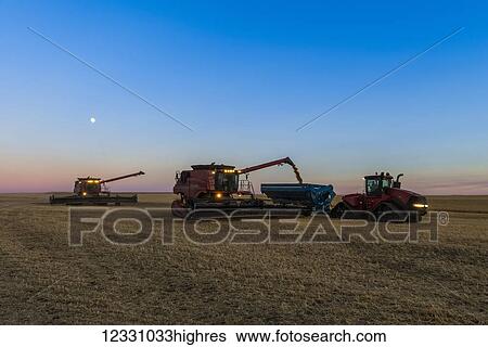 Stock Photograph - Combines Offloading Grain To A Tractor Pulled Grain Cart In Southeast Washington; Washington, United States Of America. Fotosearch
