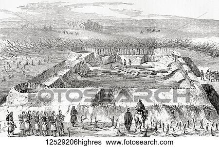 Stock Photograph - Confederate fortifications to the north of Manassas Junction, near Bull Run during the American Civil War, 1861-1865. From Ward and Lock's Illustrated History of the World, published c. 1882.. Fotosearch