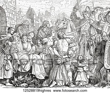 Stock Photograph - Conrad III and the women of Weinsburg. When King Conrad III defeated the Duke of Welf in 1140 and placed Weinsberg under siege, the wives of the besieged castle negotiated a surrender which granted them the right to leave with whatever they could.... Fotosearch
