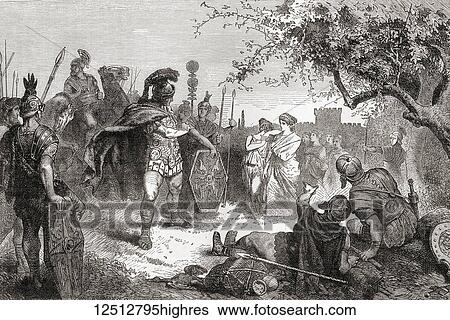 Stock Photograph - Coriolanus returns as an enemy to Rome after his exile, 488 BC. Gaius Marcius Coriolanus. 5th century BC Roman general. From Ward and Lock's Illustrated History of the World, published c. 1882.. Fotosearch