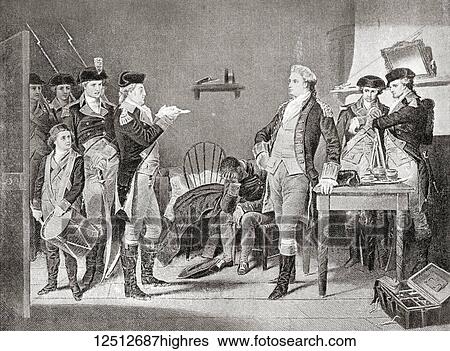 Stock Photograph - Delivering the death warrant of John Andr. John Andr, 1750 1780. British Army officer hanged as a spy by the Continental Army during the American Revolutionary War. From Hutchinson's History of the Nations, published 1915.. Fotosearch