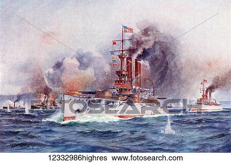 Stock Photograph - Destruction of the Spanish fleet outside Santiago harbour during the Spanish - American War, 1898. From Hutchinson's History of the Nations, published 1915.. Fotosearch